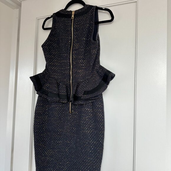 Altuzarra Peplum Pencil Dress Sz 38 Blue Black Gold Tweed Ruffle Trim - Picture 6 of 8